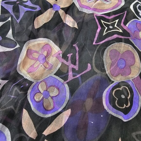 Louis Vuitton Paris Purple and Black Monogram Silk Chiffon Scarf - Distressed - Picture 4 of 9
